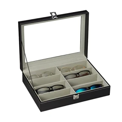 Abbildung von Relaxdays Brillenbox für 8 Brillen, Aufbewahrung Sonnenbrillen, 8,5 x 33,5 24,5 cm, Kunstleder Brillenkoffer, schwarz
