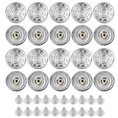 Abbildung von Hosen Ersatz Knöpfe zum Vernieten, Ø 14 mm Messing Jeansknöpfe, 20 Pack, Silber farben, Jeans mit Nieten, Knopf Einschlagen, Metall Hosenknopf, Hose weiter machen, Hosenknöpfe