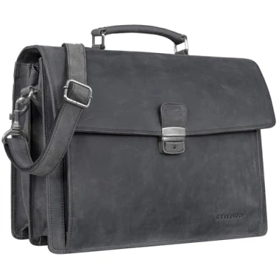 Abbildung von STILORD &#039;Noel&#039; Aktentasche Leder Herren Vintage groß klassische Arbeitstasche Bürotasche Umhängetasche Dokumententasche mit Laptopfach 13,3 Zoll und Trolleyschlaufe, Farbe:carbon grau