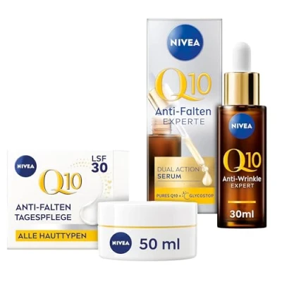 Abbildung von NIVEA Q10 Anti Falten Gesichtspflege Set mit Tagescreme und Kreatin, straffenden Serum Glykationstechnologie, mildert beugt vor, Hautpflege