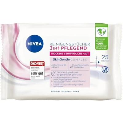 Abbildung von NIVEA Reinigungstücher 3in1 Pflegend, Abschminktücher mit Glycerin und Mandelöl für wasserfestes Make Up, sanfte Gesichtsreinigung trockene &amp; empfindliche Haut (25 Stück)