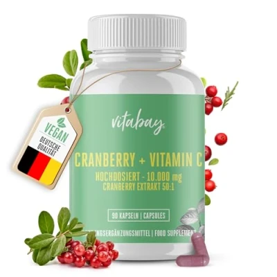 Abbildung von Vitabay Cranberry Kapseln Hochdosiert 10000mg + Vitamin C 90 VEGAN Extrakt Extract aus natürlichen Zutaten Tablets und Laborgeprüft