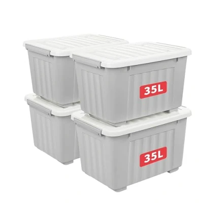 Abbildung von Cetomo Aufbewahrungsbox aus Kunststoff, 35 l x 4, Grau, Aufbewahrungsbox, Aufbewahrungsbehälter mit robustem Deckel und sicheren Verschlussschnallen, stapelbar stapelbar, 4er Pack, Schnalle
