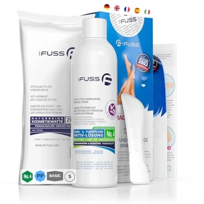 Abbildung von Mr. Fuss Hornhautentferner Lösung zur sanften Hornhautentfernung Schnell erweichende Lotion 250ml No. 4 im Plus Pack. Fußpflege Pediküre Set ohne Schleifen mit Sofort Effekt.