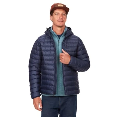 Abbildung von Marmot Herren Highlander Hoody, Leichte Daunenjacke, warme Winterjacke, wasserabweisende Steppjacke, winddichte Funktionsjacke, klein packbare Outdoorjacke mit Kapuze, Arctic Navy, XL