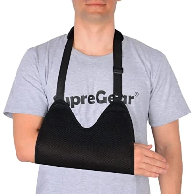 Abbildung von supregear Gittergewebe Armschlinge mit weichen Schulterpolstern, Verstellbare Atmungsaktive Schulter Wegfahrsperre Duscharmschlinge Medizinische Ellbogenstütze für Den Linken/Rechten Arm