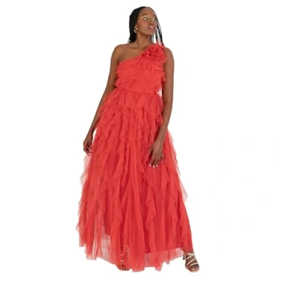 Abbildung von Anaya with Love Women&#039;s Maxi Ladies One Shoulder Sleeveless Tiered Ruffle Waterfall A line Bridesmaid Wedding Guest Prom Ball Gown Dress, Red, 40