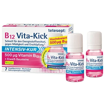Abbildung von tetesept B12 Vita Kick Trinkampullen Intensiv Kur Nahrungsergänzungsmittel für den Energiestoffwechsel, gegen Erschöpfung hochdosierte Vitamin Ampullen Wochenpackung à 7 Trinkfläschchen