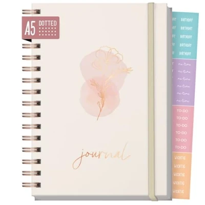 Abbildung von Häfft® Bullet Journal Fancy Hardcover Notizbuch A5 dotted, 120 g/m² Papier, Rosègold Prägung, 160 Seiten Ringbuch, Tagebuch &quot;Dainty Flower&quot;