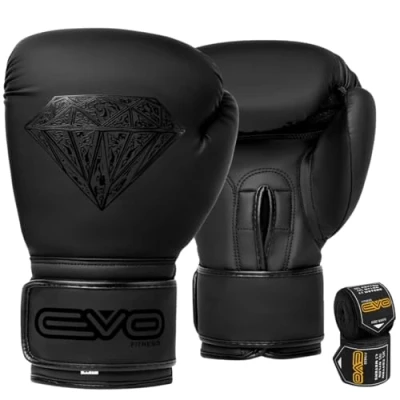 Abbildung von EVO Maya Hide Leder Boxhandschuhe für MMA Boxsack, Sparring, Muay Thai, Kickboxen, Kampftraining, inkl. Handbandagen, Schwarz/Diamant, matt, 284 g (Schwarz, 16 OZ)