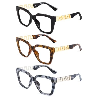 Abbildung von JM 3 Pack Quadratische Lesebrille für Damen Blaues Licht Blockieren, Mode übergroße Blaulichtfilter Brille mit Sehstärke +3.5
