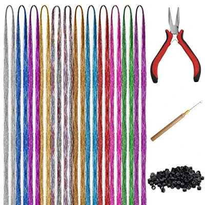 Abbildung von Belle Vous 2400 Teilig Haar Lametta Bunte Haarsträhnen 12 Farben für Haare mit Werkzeug Glitzer Strähnen Regenbogen Haarverlängerung Kunsthaar zum Einflechten, Party &amp; Deko
