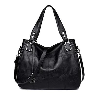 Abbildung von Kris Anna Damen Hobo Schultertasche Shopper Tasche aus PU Leder mit Schulterriemen Umhängetasche Stickerei Handtasche für Frauen Schwarz EINWEG