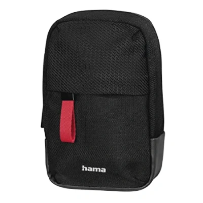 Abbildung von Hama Kameratasche &quot;Matera&quot; 90M (kleine Fototasche mit Nackengurt und Gürtelschlaufe, für kleine Digitalkameras, Umhängetasche, Tragegurt Zubehörfächern, recyceltes PET) schwarz