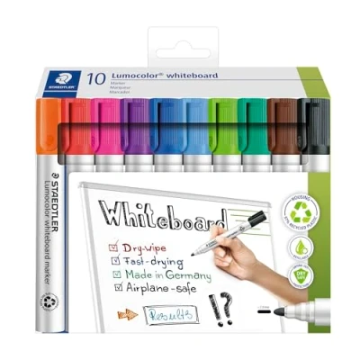 Abbildung von STAEDTLER whiteboard Marker Lumocolor, Linienbreite ca. 2,00 mm, schnelltrocknend, geruchsarm, lange Lebensdauer, blockierte Spitze, 10 in Faltschachtel, 351 C10