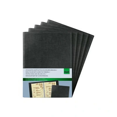 Abbildung von SIGEL SM135/5 Speisekarten Mappen / Dokumentenmappen mit Buchschrauben Bindung für A5, 5 er Pack, schwarz edler Leinenstruktur, strapazierfähig und leicht abwischbar