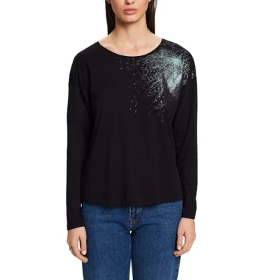 Abbildung von edc by Esprit MIT Rundhalsausschnitt UND Print Langarmshirt, Damen, Größe: XS, Black