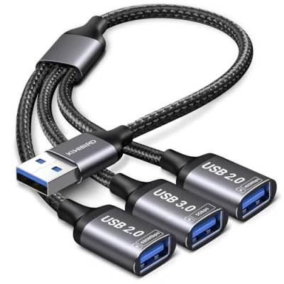 Abbildung von KiWiBiRD USB Splitter 1 zu 3 Y Kabel, Verteiler Adapter 1x 3.0 2X 2.0 Port Extender Erweiterung Ladekabel für Strom und Daten Kompatibel mit Mac PS5 PS4 Auto Laptop TV Drucker Tastatur Maus