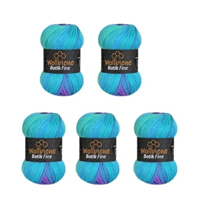 Abbildung von 5 x 100g Wollbiene Batik Fine 500 Gramm Wolle mit Farbverlauf mehrfarbig Multicolor Strickwolle Häkelwolle (1500 lila türkis)