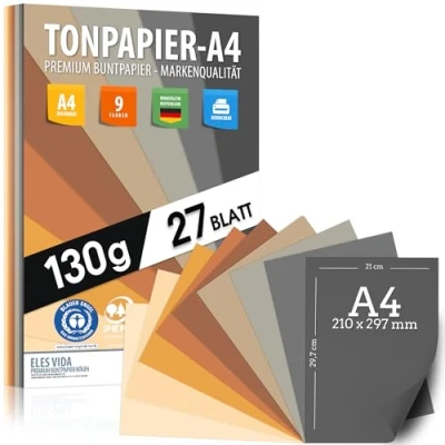 Abbildung von Ton Papier 27 Blatt Druckerpapier A4 130g Natur, Gelb, Sonne, Sand, Braun, Ocker PREMIUM Unbedruckt für Postkarten, Briefe, BLAUER ENGEL &amp; PEFC zertifiziert MADE IN GERMANY