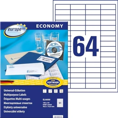 Abbildung von europe100 ELA050 Universal Etiketten (6.400 Klebeetiketten, Format 48,5x16,9 mm auf DIN A4, selbstklebende Universaletiketten, bedruckbare Aufkleber) 100 Blatt, weiß