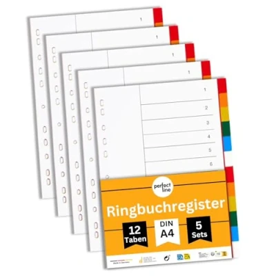 Abbildung von perfect line Ordner Register DIN A4 aus Kunststoff (PP), 12 Taben (12 teilig), 5er Set, Trennblätter für Akten Ordner, recycelbar, MADE IN GERMANY