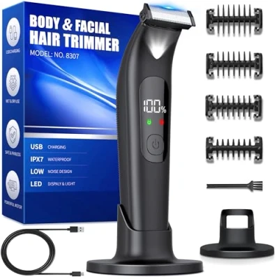 Abbildung von Intimrasierer Mann Rasierer herren Elektrisch,Wasserdicht Body Shaver men,Körperrasierer mit LED Licht,Intimbereich Körperhaartrimmer,Full groomer Bart Hair Remover für Männer,USB,IPX7