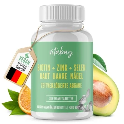 Abbildung von Vitabay Biotin Hochdosiert 10000mcg 180 Tabletten TIME RELEASED &amp; VEGAN Haar Vitamine Hair Vitamins Haare Zink Selen Haut Nägel Kapseln Haarvitamine für Frauen