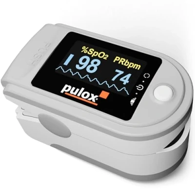 Abbildung von Pulsoximeter Pulox PO 200 Solo in Grau Messung von Sauerstoffsättigung (SpO₂), Herzfrequenz (Puls) und Perfusions Index (PI)