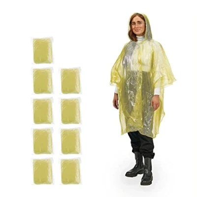 Abbildung von Relaxdays, gelb Regenponcho Einweg, 10er Set, Einmal Regencape mit Kapuze, für Erwachsene, Notfallponcho Damen &amp; Herren