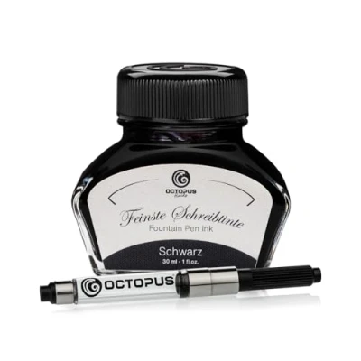 Abbildung von Octopus Fluids Füllhaltertinte im Tintenglas inklusive Konverter, Schreibtinte für Füllhalter, Füllertinte in Schwarz 30ml mit Tintenkonverter