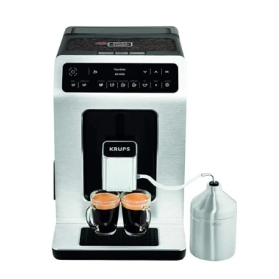 Abbildung von Krups Evidence Kaffeevollautomat mit Milchschaumdüse, 15 Getränke, Extra Dark Funktion, 2 Tassen Kaffeemaschine, Silber/Schwarz, EA891D10, Metall