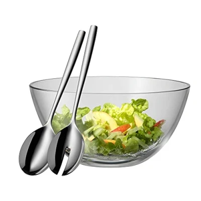 Abbildung von WMF Taverno Salatschüssel Set 3 teilig, Salatbesteck Edelstahl 25 cm mit Salatschale, runde Schale 23,5 cm, Glas, spülmaschinengeeignet