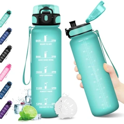 Abbildung von KollyKolla Trinkflasche Kohlensäure Geeignet 1L, Wasserflasche mit Zeitmarkierungen und Filter, Sport Auslaufsicher, Sportflasche, Kinder, Erwachsener, Camping, Gym, Büro, Yoga, Fitness