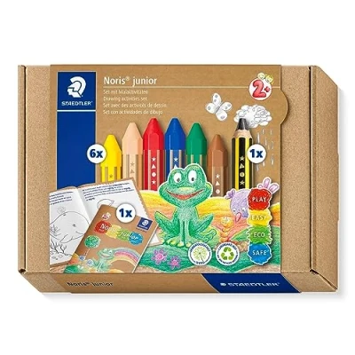 Abbildung von STAEDTLER Set mit Malaktivitäten für Kleinkinder Noris junior, Kinderbleistift, bunte Wachsmalkreiden und Übungsheft, besonders dicke kompakte Stiftform, dermatologisch getestet, 61 C1