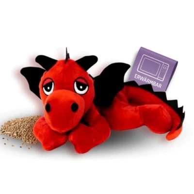 Abbildung von Habibi Plush Wärmekissen/Stofftier f. Kinder und Erwachsene 1864 Glückdrache rot/schwarz mit Hirsefüllung, Wärmekuscheltier zum Erwärmen in der Mikrowelle/Backofen, ideal auch für Babys