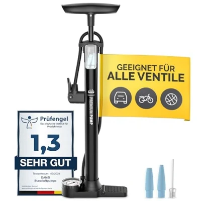 Abbildung von DANSI Fahrradpumpe I Standluftpumpe passend für alle gängigen Ventile inklusive Manometer &amp; Adaptern luftpumpe Fahrrad,