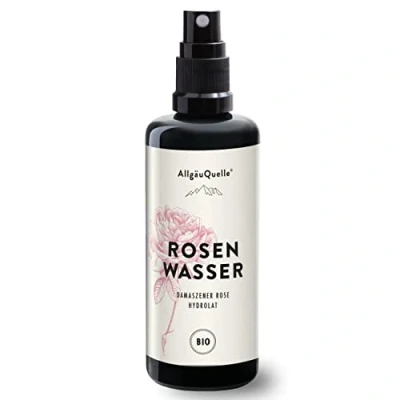 Abbildung von AllgäuQuelle BIO Rosenwasser, Damaszener Rose Hydrolat 100% naturreines Pflanzenwasser Pflege Spray für Gesicht, Haut und Haare Rosenhydrolat als Gesichtswasser Rasierwasser, 100ml