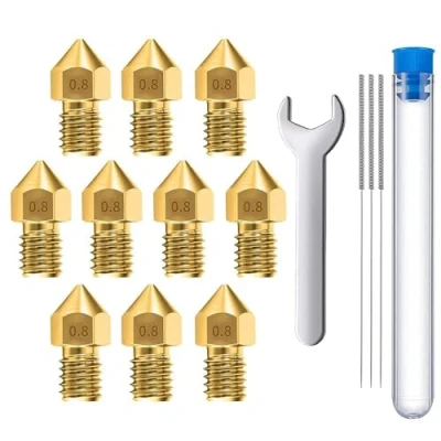 Abbildung von MMOBIEL 10 Stück Extruder für 3D Druckerdüsen, 0.8 mm, Messing MK8, kompatibel mit Creality Baureihe Ender 3, 5, CR 10/10S, Makerbot, inkl. 3 Reinigungsnadeln und Schraubenschlüssel