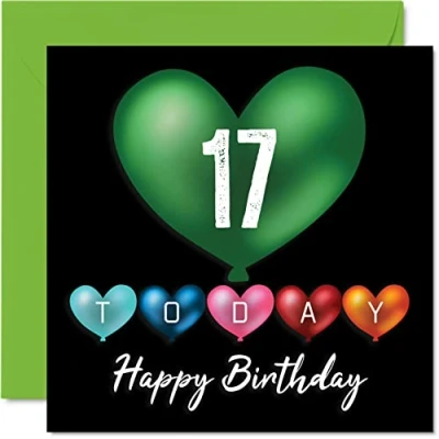 Abbildung von Stuff4 Lustige Geburtstagskarte zum 17. Geburtstag für Jungen und Mädchen, Herzballons, Happy Birthday Karte Sohn, Tochter, Bruder, Schwester, Enkel, Enkelin, Nichte, Neffe, Cousin, 145 x mm