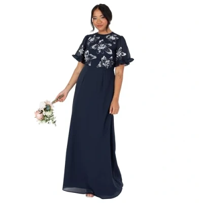 Abbildung von Maya Deluxe Damen Women&#039;s Maxi Dress Ladies Short Angel Sleeve Round Neck Floral Sequin Embellished A line for Wedding Guest Ball Gown Kleid, Navy Blue, 44