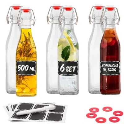 Abbildung von Praknu 6er Set Glasflaschen 500ml Bügelverschluss Eckig Bügelflaschen Zum Befüllen inkl 6 Extra Dichtungen &amp; Etiketten mit Stift für Öl, Essig, Saft Limonade