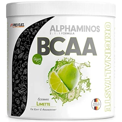 Abbildung von BCAA Pulver 300g LIMETTE Testsieger ALPHAMINOS 2:1:1 Das ORIGINAL von ProFuel Essentielle Aminosäuren Unfassbar leckerer Geschmack 100% vegan Top Löslichkeit Laborgeprüft