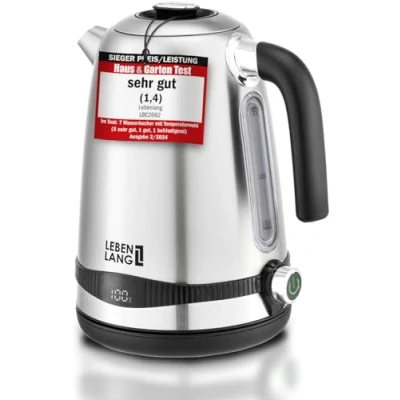 Abbildung von LEBENLANG Wasserkocher Edelstahl Temperatureinstellung Leise, Temperaturanzeige &amp; Warmhaltefunktion 1,7 Liter 2200W Electric Kettle Temperatur Retro ohne Plastik