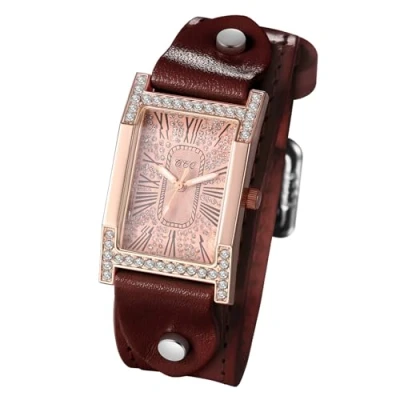 Abbildung von JewelryWe Damenuhr Rechteckig Leder Uhr: Steampunk Vintage Analog Quarz Armbanduhr Damen Braun PU Lederarmband Zirkonia Diamant Uhr mit römischen Ziffern Eckigem Zifferblatt