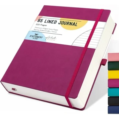 Abbildung von STATIONERY ISLAND B5 liniertes Notizbuch, 320 Seiten dickes Tagebuch, Hardcover mit 100 g/m² zum Schreiben, Arbeiten, Lernen, Tage buch, Beerenrot