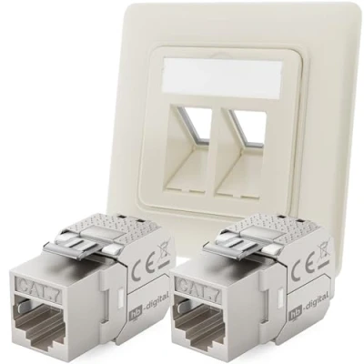 Abbildung von hb digital 2 Port CAT 7 Netzwerkdose unterputz RAL9010 + 2X Keystone RJ45 Modul LAN Ethernet Dose Buchse Einbaubuchse für 5e 6 6a max. 10 Gbit/s STP Reinweiß
