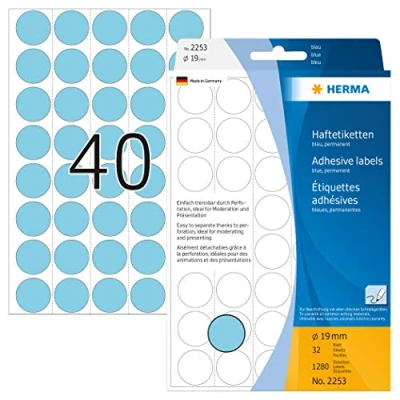 Abbildung von HERMA 2253 Punktaufkleber Klebepunkte perforiert blau, 1280 Stück, Ø 19 mm, 40 pro Bogen, selbstklebend, Markierungspunkte für Kalender Planer, matt, blanko Papier Farbpunkte Aufkleber