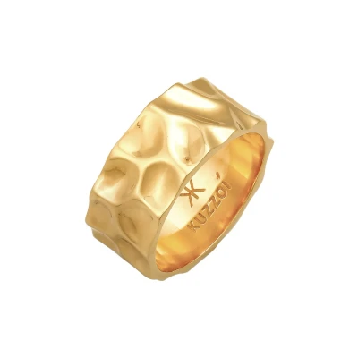 Abbildung von Kuzzoi Herrenring im Hammerschlag Design, Bandring massiv (10 mm) breit in 925 Sterling Silber, Silberring geschmiedet vergoldet, Goldener Ring für Männer, Ringgröße 60, 0602511921_60