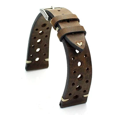 Abbildung von RIOS1931 Rallye Vintage Rindsleder Uhrenarmband handgemacht in Deutschland 19mm braun Mooreiche